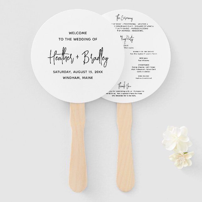 Minimalist Black and White Modern Wedding Program Hand Fan (Front and Back)