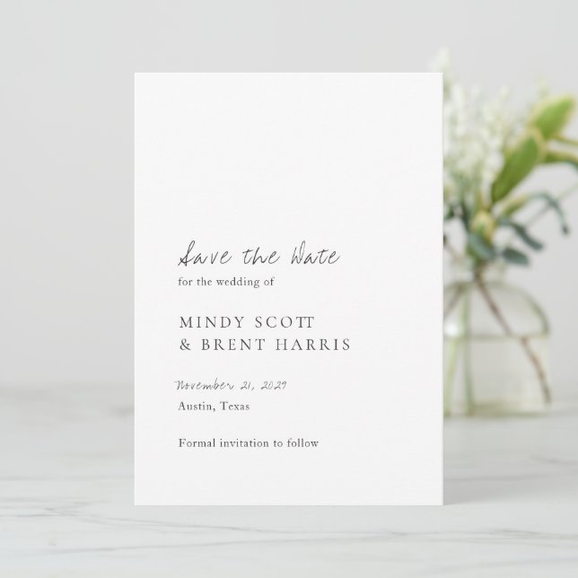 Minimalist Black and White Modern Wedding Save The Date (Standing Front)
