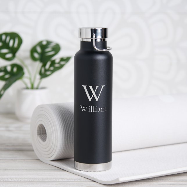 Minimalist Black and White Monogram Custom Name Water Bottle (Yoga (Rotated))