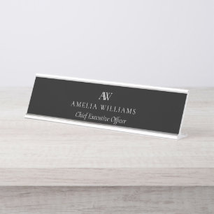 Minimalist Black and White Monogram Desk Name Plate