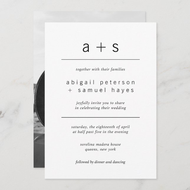 Minimalist Black and White Monogram Photo Wedding Invitation (Front/Back)