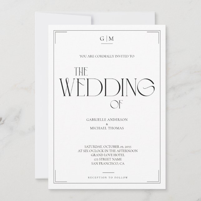Minimalist Black and White Monogram Wedding  Invitation (Front)