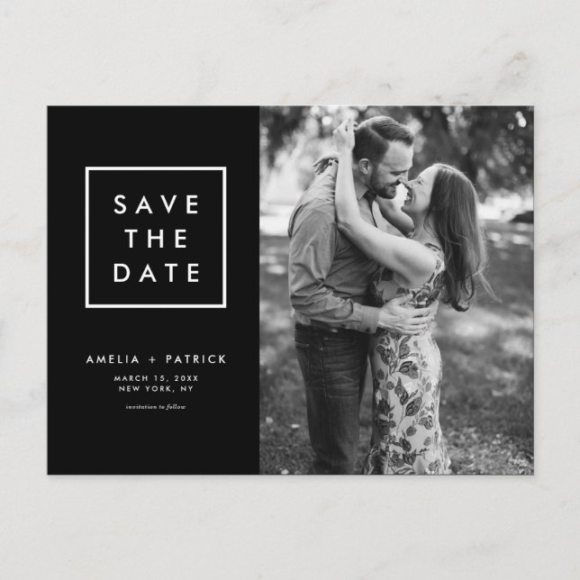 Minimalist Black and White Photo Save the Date Announcement Postcard (Front)