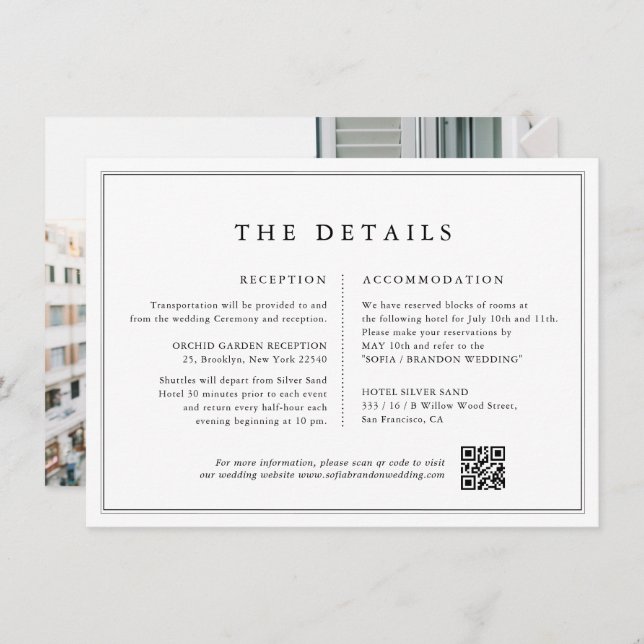 Minimalist Black and White  Photo Wedding Details Enclosure Card (Front/Back)
