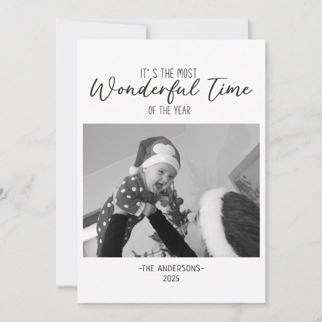 Minimalist Black and White Photo Wonderful Time Holiday Card (Front)