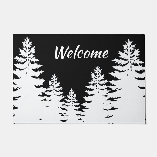 Minimalist black and white pine tree silhouette    doormat (Front)