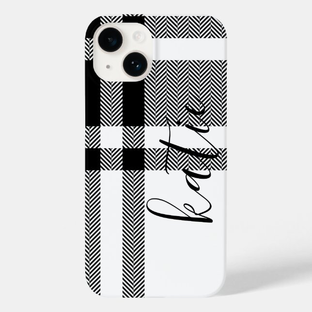 Minimalist Black and White Plaid Custom Name Case-Mate iPhone Case (Back)