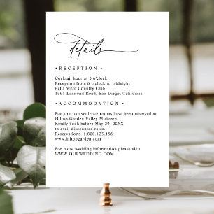 Minimalist Black and White Script Details Wedding Enclosure Card
