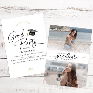Minimalist Black and White Script Graduation Photo Invitation