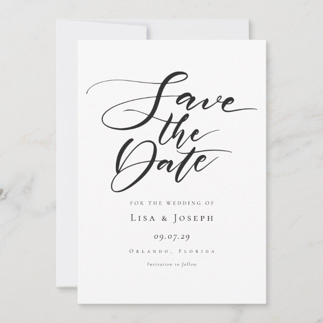 Minimalist Black and White Script Save The Date (Front)