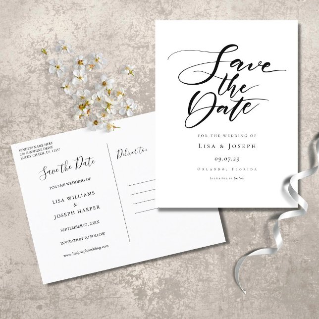 Minimalist Black and White Script Save the Date Announcement Postcard (Creator Uploaded)