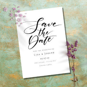 Minimalist Black and White Script Save the Date Postcard