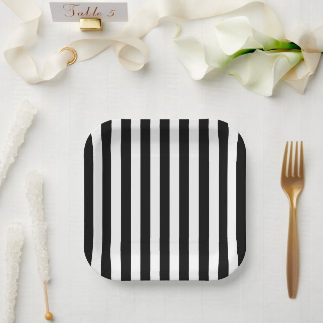 Minimalist Black and White Stripes Paper Plate (Wedding)