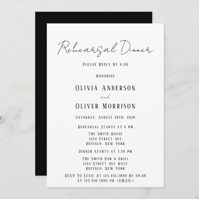 Minimalist Black and White Tie Rehearsal Dinner Invitation (Front/Back)