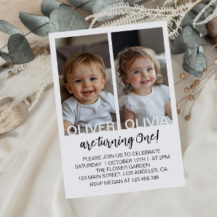 Minimalist Black and White Twins Birthday Photo Invitation