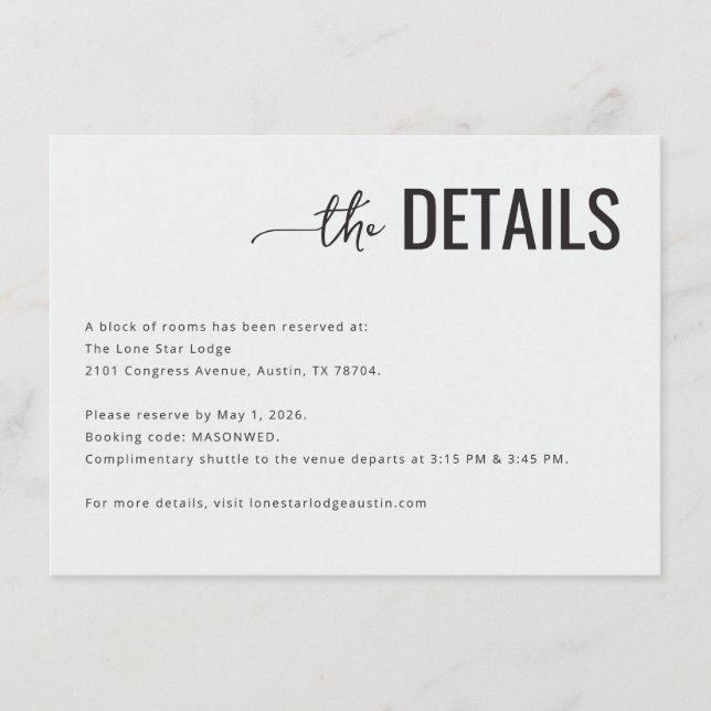 Minimalist Black and White Wedding Details Card (Front)