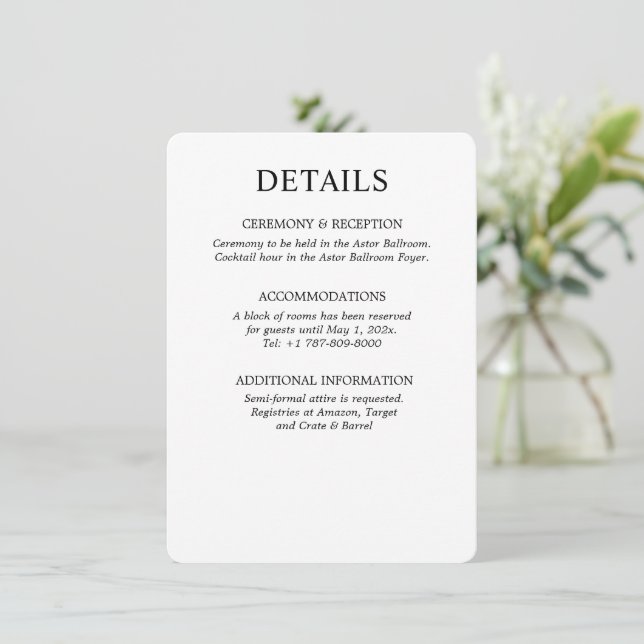 Minimalist Black and White Wedding Enclosure Card (Standing Front)