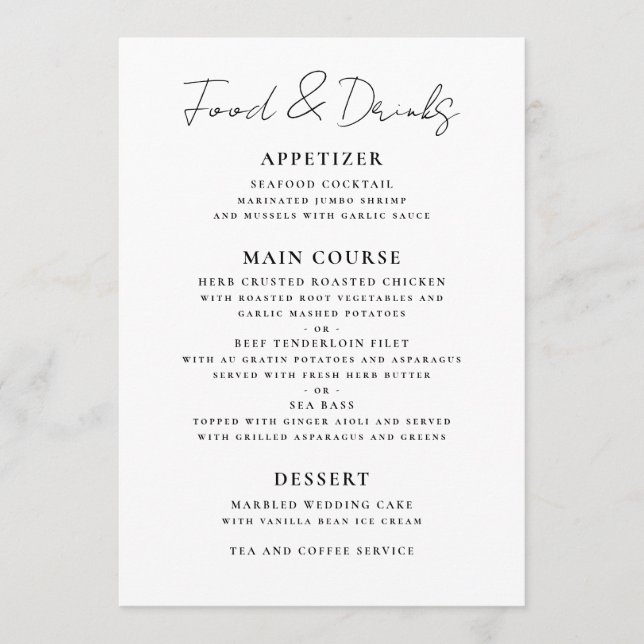 Minimalist Black and White Wedding Event Menu (Front)
