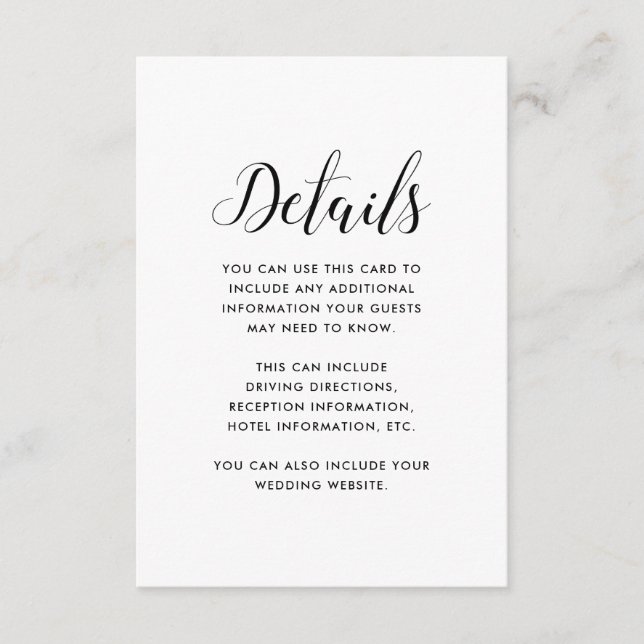 Minimalist Black and White Wedding Guest Details Enclosure Card (Front)