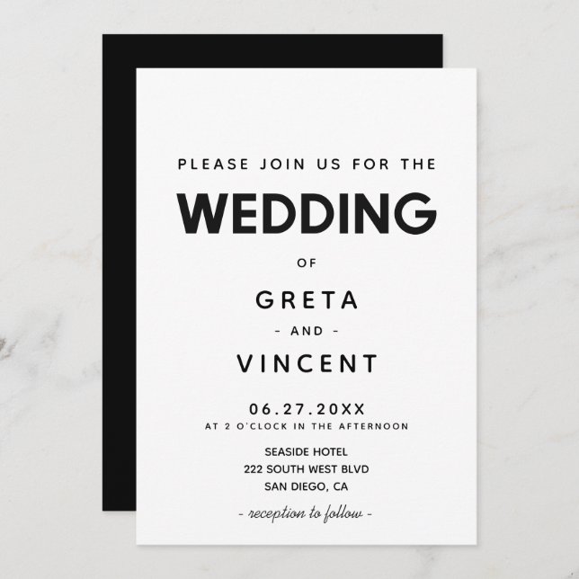 Minimalist Black and white wedding invitation (Front/Back)
