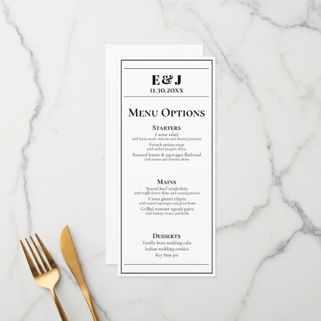 Minimalist Black and White Wedding Menu (Front/Back In Situ)