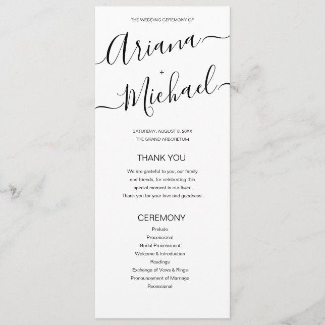 Minimalist Black and White Wedding Names Script Programme (Front)