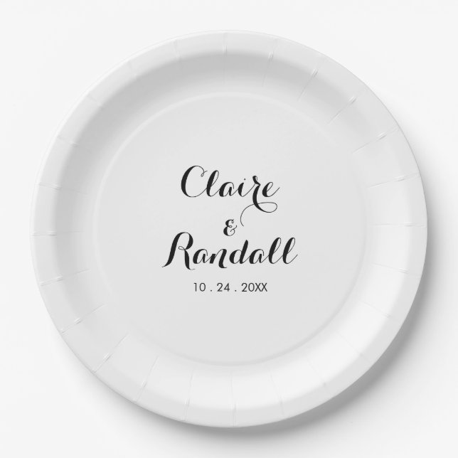 Minimalist Black and White Wedding Paper Plate (Front)