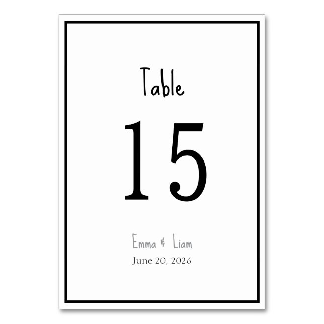 Minimalist Black and White Wedding Table Number (Front)