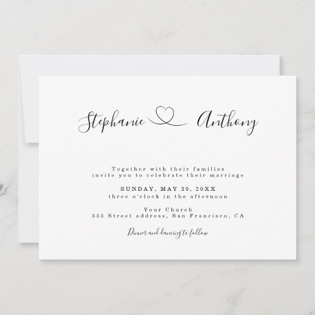 Minimalist Black and White With a Heart Wedding  Invitation (Front)