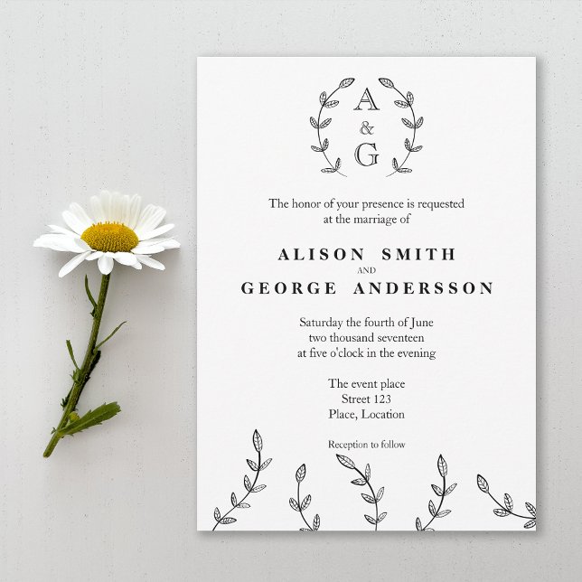 Minimalist Black And White Wreath Monogram Wedding Invitation (This design is ideal for anyone who likes a minimalist black and white style with a touch of nature.)