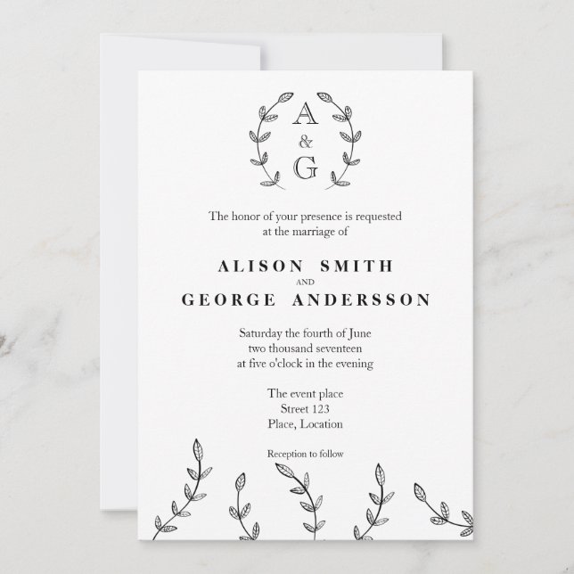 Minimalist Black And White Wreath Monogram Wedding Invitation (Front)
