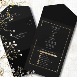 Minimalist Black Background Gold Frame Wedding All In One Invitation