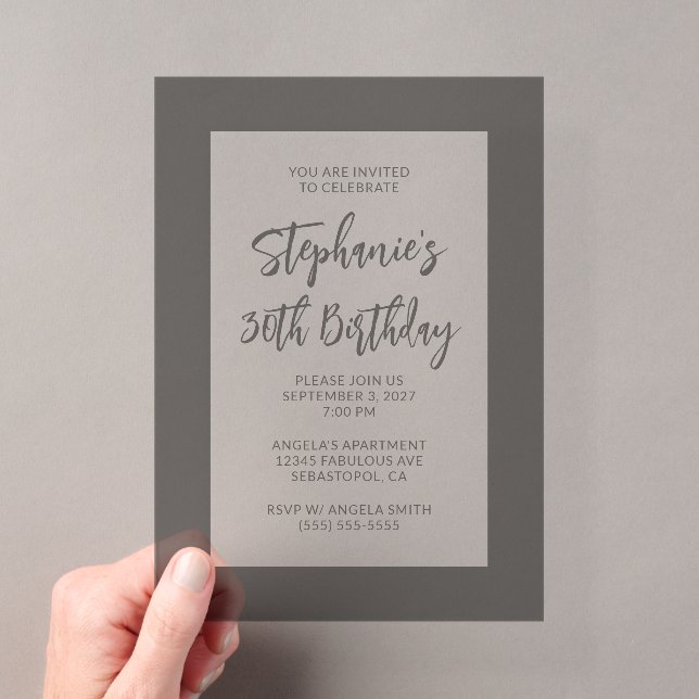 Minimalist Black Border 30th Birthday Acrylic Invitations (Insitu (Handheld))
