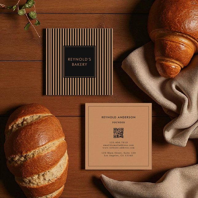 Minimalist Black Brown Stripes QR Code Bakery  Square Business Card (Creator Uploaded)