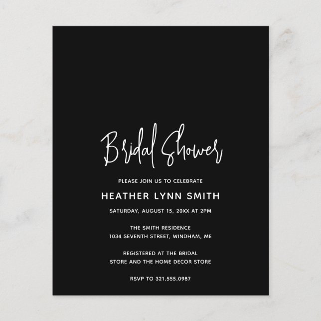 Minimalist Black Budget Bridal Shower Invite (Front)
