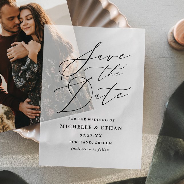 Minimalist Black Calligraphy Wedding Save the Date Vellum Invitations (Creator Uploaded)