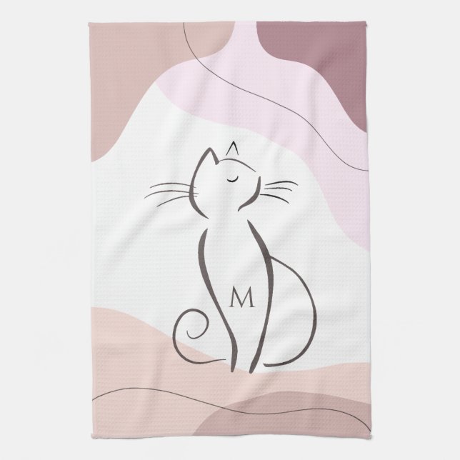 Minimalist Black Cat Boho Organic Shapes Monogram Tea Towel (Vertical)