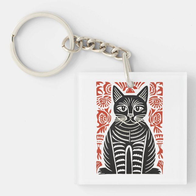 Minimalist Black Cat Folk Art Design  Key Ring (Front)
