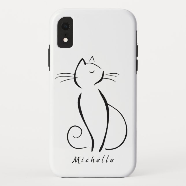 Minimalist black cat on white add name Case-Mate iPhone case (Back)