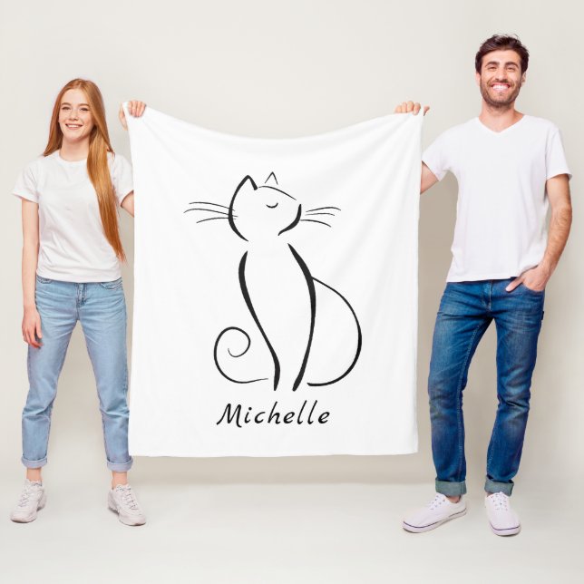 Minimalist black cat on white add name fleece blanket (In Situ)