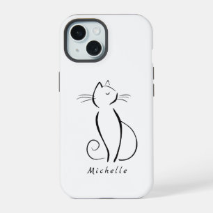 Minimalist Black Cat On White Add Name iPhone 15 Case