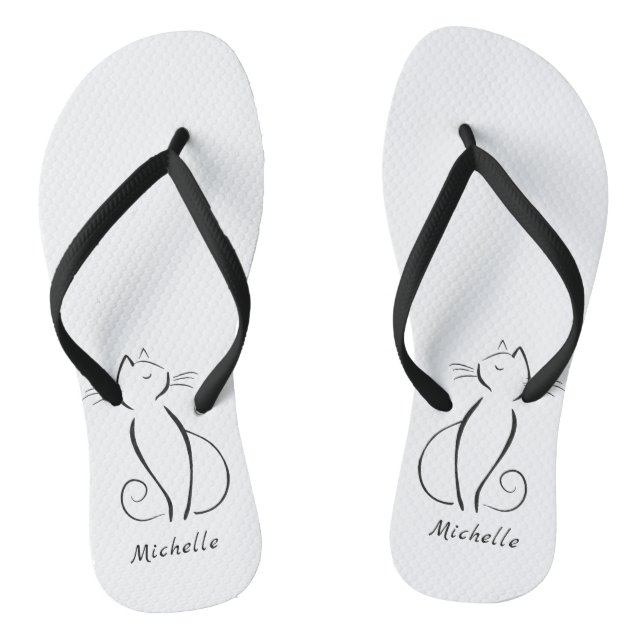 Minimalist black cat on white add name jandals (Footbed)