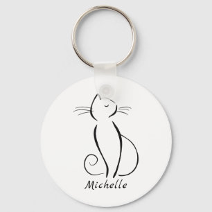 Minimalist black cat on white add name key ring