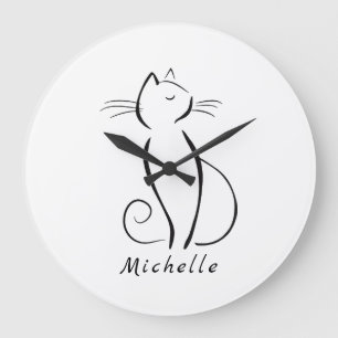 Minimalist black cat on white add name large clock