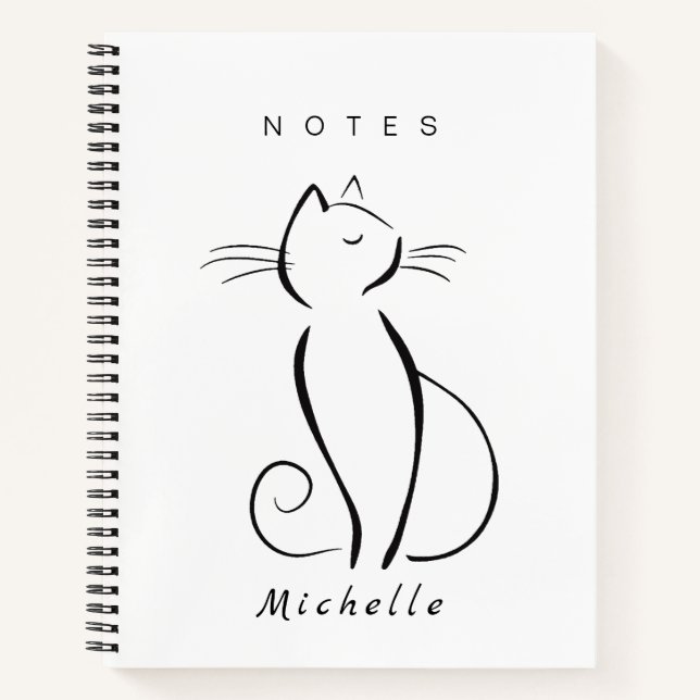 Minimalist black cat on white add name notebook (Front)