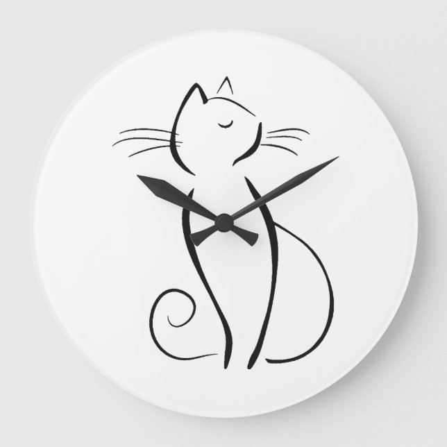 Minimalist black cat on white large clock (Front)