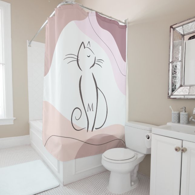 Minimalist Black Cat Organic Boho Shapes Monogram  Shower Curtain (In Situ)