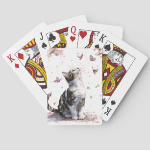 Minimalist Black Cat - Pink Blossoms & Gold Eye Playing Cards