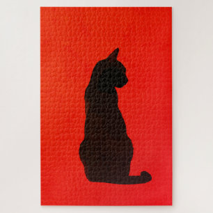 Minimalist Black Cat Silhouette Modern Red Art Jigsaw Puzzle