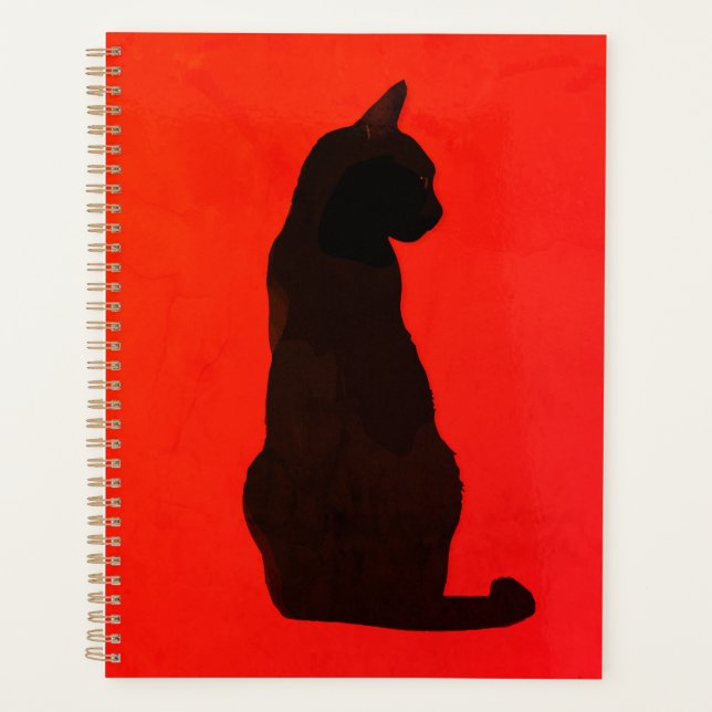 Minimalist Black Cat Silhouette Modern Red Art Planner (Front)